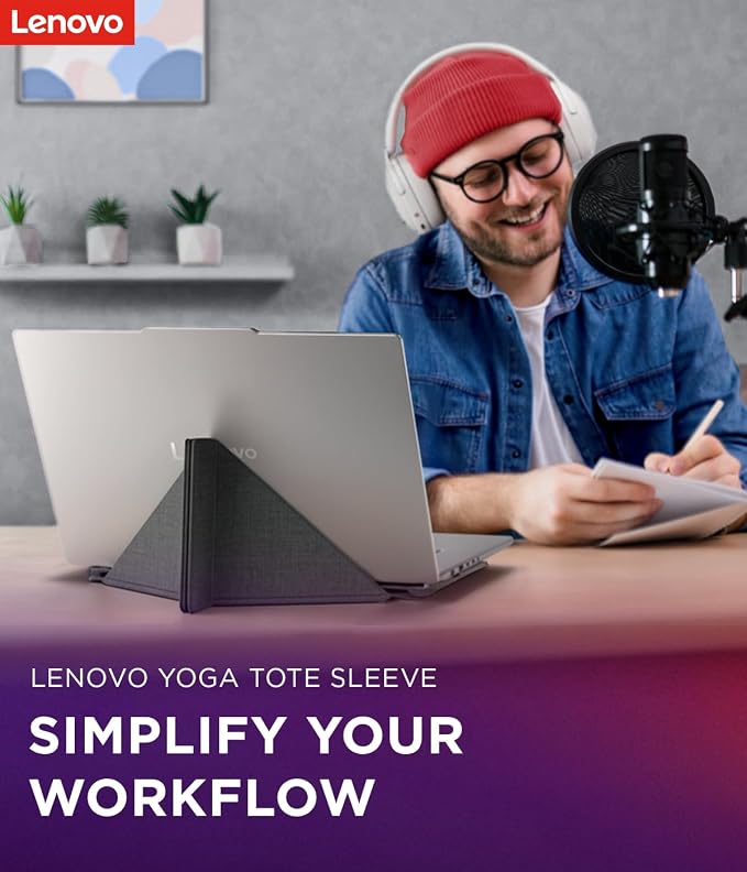Lenovo Yoga Tote Sleeve Case for Laptops with 14-inch Display, Multi-Compartment Organizer with Convertible Stand, Lightweight Protective Polyester & Microfiber Sleeve, Luna Grey