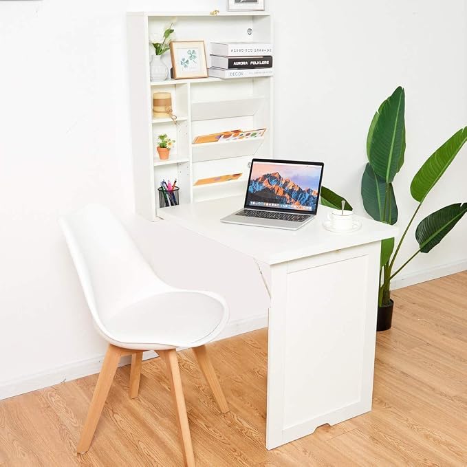 LDAILY LUARANE Wall Mounted Table, Foldable Multiple-Purpose Desk, Fold Out Wood Convertible Writing Desk Bookshelf Cabinet, Large Storage Space, Ideal for Home Office Study (White)