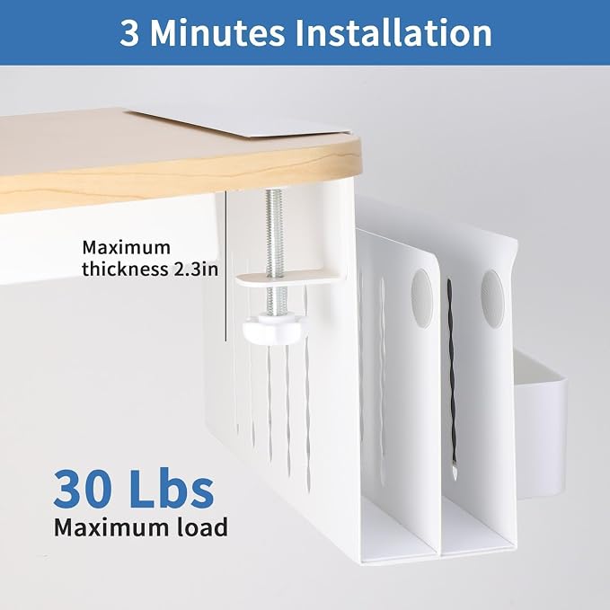 2 Tie Desk Side Storage, Under Desk Storage Organizer, White | osseph Desk Shelf, Standing Desk Accessories, Magnetic File Holder, No Drill Clamp to 0.5-2.38" Desks, 30 Lbs Carbon Steel