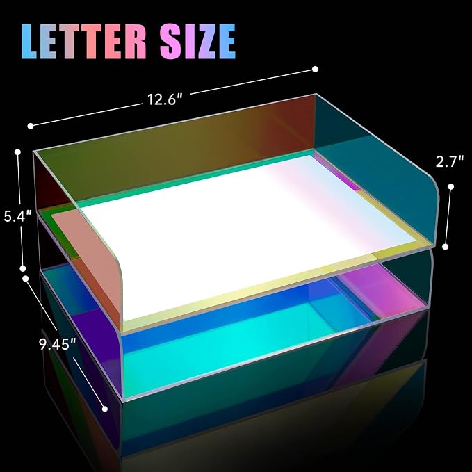 2-Tier Letter Tray Stackable Acrylic Desk Organizer File Holder | Iridescent Rainbow Paper Sorter For Desktop Document Office Accessories Storage Mail Organizer School Workspace Organization