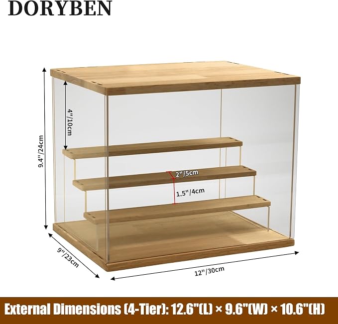 Acrylic Display Case with Adjustable LED Light, 4 Tier Clear Display Box Dustproof Showcase for Action Figures, Collectibles and Mini Toys, Assembly Display Cabinet(Wood 12.5×9.5×10.4in)