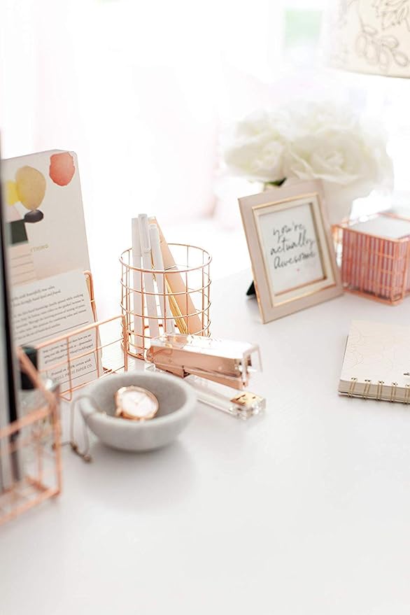 BLU MONACO | Rose Gold Desk Organizer Set 5 Piece | Mail Sorter Organizer Countertop with Letter Sorter for Desk | Standing File Organizer for Desk with Mesh Pen Holders