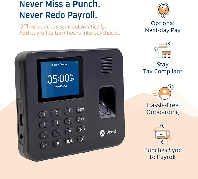 uAttend RE2000 Biometric Time Clock for Employees – Fingerprint + PIN Punching, Wi‑Fi Cloud Time & Attendance System with Offline Storage, Payroll-Ready – Small Business Time Tracking