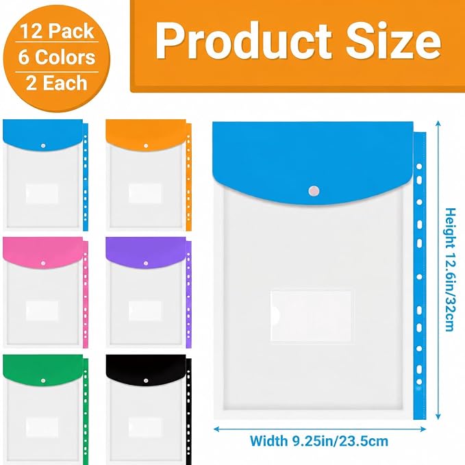24 Pack A4 Binder Pockets Organizer Folders, 6 Colors | Binder Pockets For 2 3 4 Ring, Snap Button And Label, Expandable Plastic Envelopes for Office