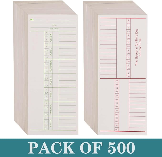 500PCS Time Cards for Employees Weekly, 2 Sided Time Sheets, 3-3/8" x 8-1/4", Green/Red