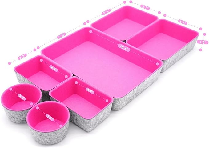 Drawer organizer bins felt tray desk storage dividers 7pc Hot pink