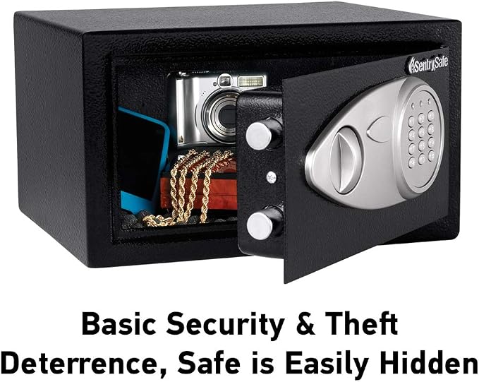 SentrySafe Medium Safe with Digital Keypad, Lock Box with Code has Interior Lining and Bolt Down Kit that Secures Pistol, Money, 0.41 Cubic Feet, 7.6 x 11.4 x 10.4 Inches, X041E
