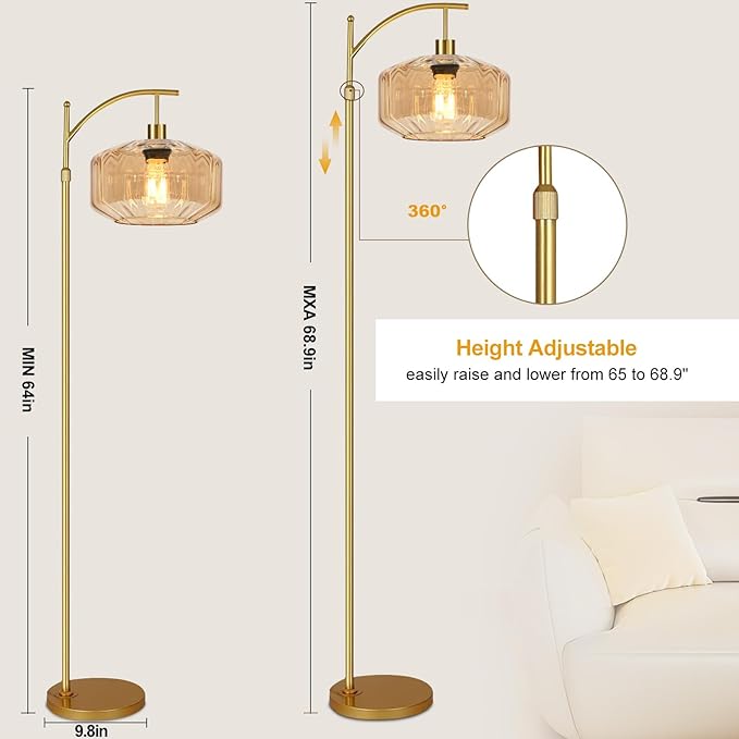 Vintage Floor Lamps for Living Room Glass Floor Lamp with Remote Control,Dimmable Floor Lamp Gold Mid Century Modern Standing Lamp 3 Color Temperature Brass Tall Floor Lamps for Bedroom Corner