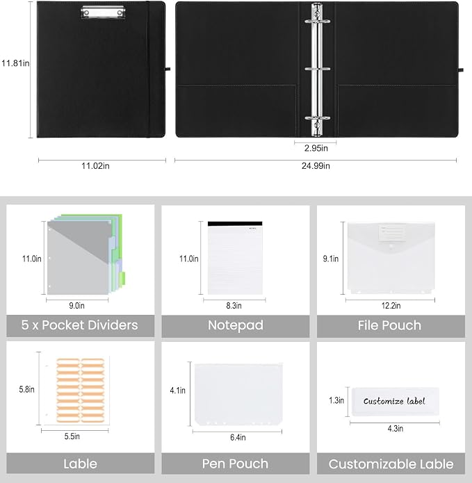 3 Ring Binder with Clipboard,2 Inch Binders with Notepad&5 Dividers with Pockets, Labels,PU Clipboards for School Office(Black,Letter Size)