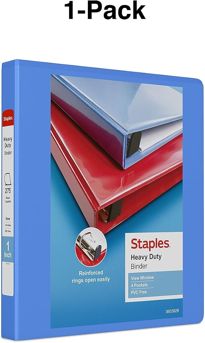 Staples Heavy-Duty 1-Inch D-Ring View Binder, Periwinkle, 275 Sheets | Reinforced spine for durable everyday use in office and school settings.
