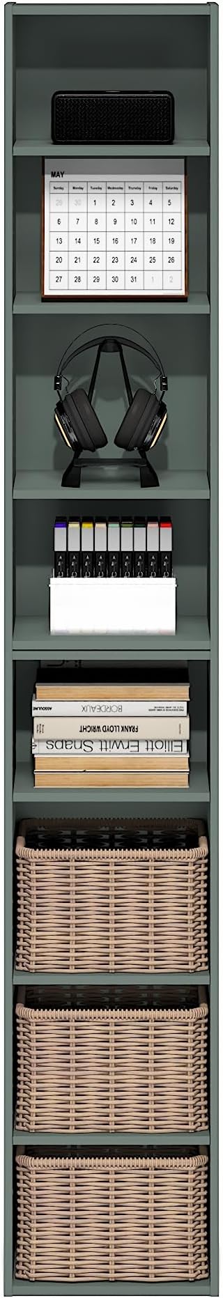 Furinno PASIR Book Shelf, 8-Tier Bookshelf, Bookcase with Open Shelf, 9.3 x 11.8 x 70.9, for Living Room, Bedroom, Home Office, Sage Green