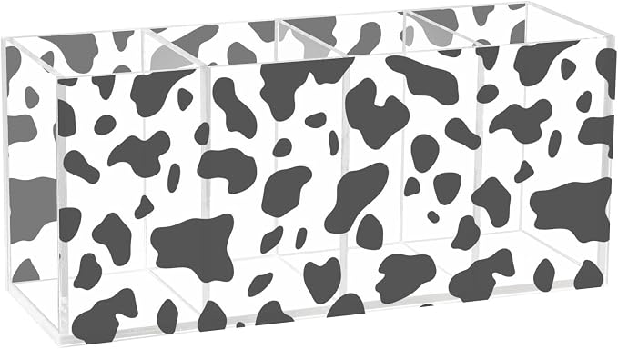 Classic Cow Print Clear Acrylic Cutlery and Pen Organizer, Acrylic Plastic Pencil Holder Square 4 Compartments Large Capacity Acrylic Pencil Holder Desk Pencil Organizer