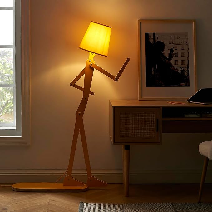 Cool Mini Wood Floor Lamp for Kids Room Corner Reading, Egg Yellow | LED Bulb Included, Living Room, Bedroom, Bedside, Office, Decorative Standing Light, Creative Swing Arm