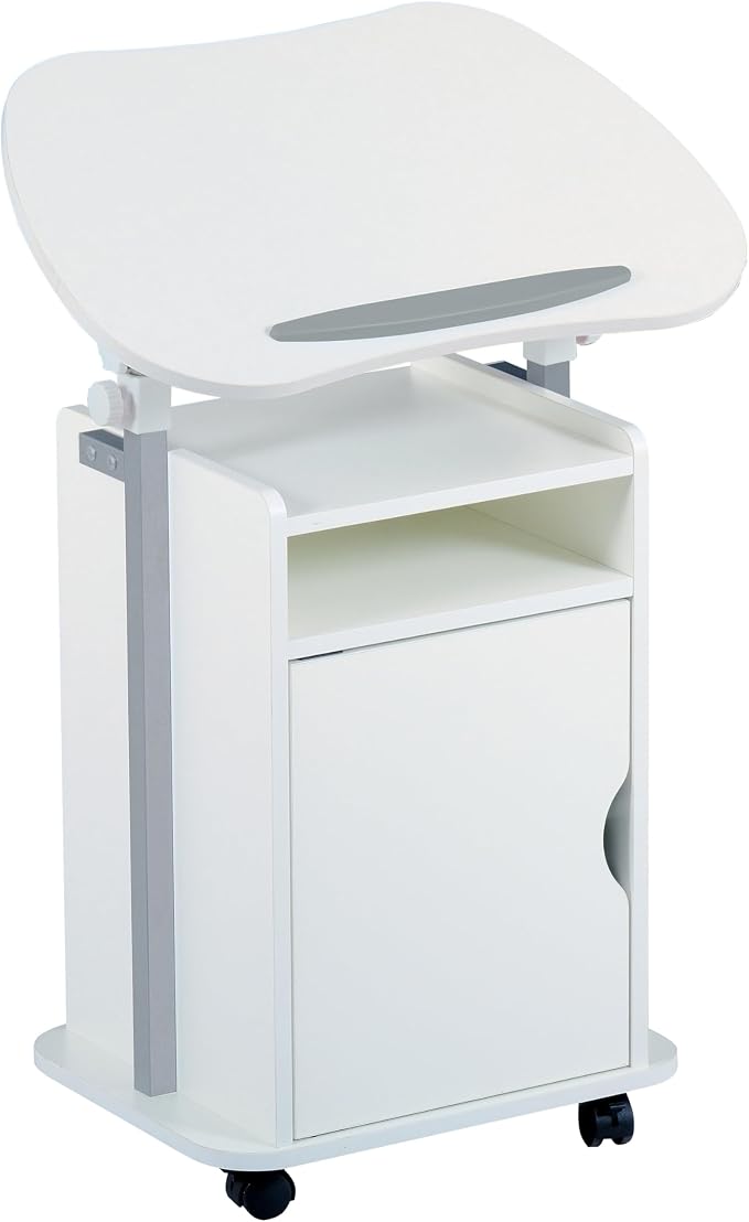 Techni Mobili Adjustable Laptop Cart w/Storage, Rolling Mobile Desk, White | Adjustable laptop cart with storage cabinet, shelf, locking wheels, sit‑stand height for home office, bedside, classroom