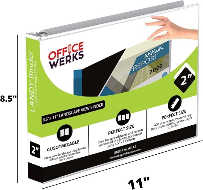 4 Pack of 8.5" X 11" Landscape View 3-Ring Binder 2 Inch Capacity Round Ring, White Horizontal Formatted with Clear Cover Pockets for Documents, Spreadsheets, Projects and More