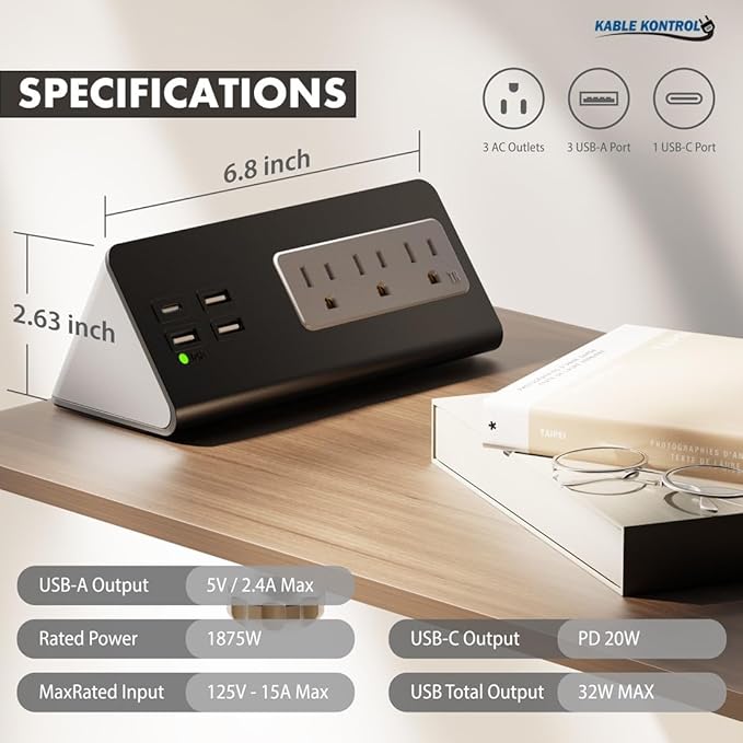 Kable Kontrol Desk Clamp Power Strip with USB-C Port, Nightstand Charging Station, 3 AC Outlets, 3 USB-A Ports, Fast Charger, Easy Installation for Home, Offices, Hotels – 4.9 Ft, Black, 400 Pcs