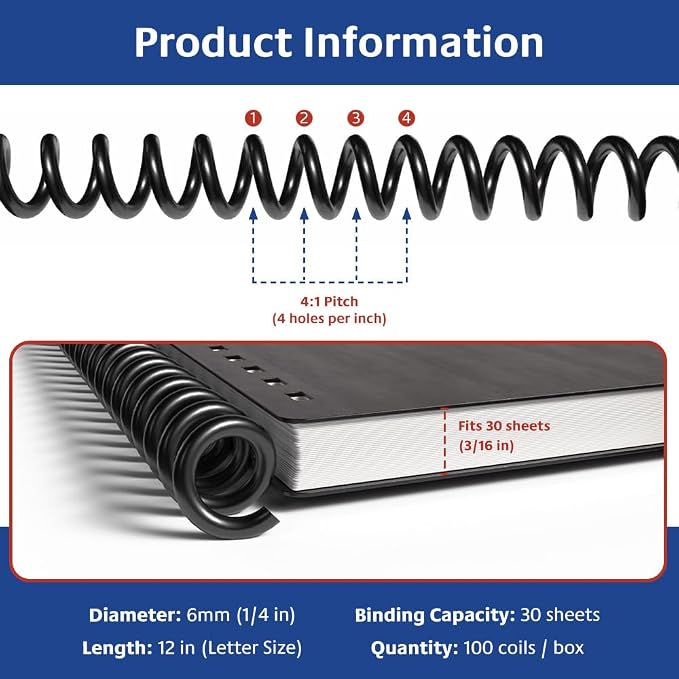 6mm (1/4 in.) Spiral Binding Coils for Reports, Presentations and Proposals | 4:1 Pitch | 12 in. Length | Black | 30 Sheets Binding Capacity | 100 Pack