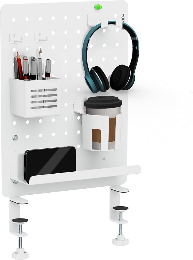 Mount-It! Clamp-On Desk Pegboard Organizer, White | Adaptable desk storage with shelf, cup holder & hooks for home office, gaming & crafting essentials.
