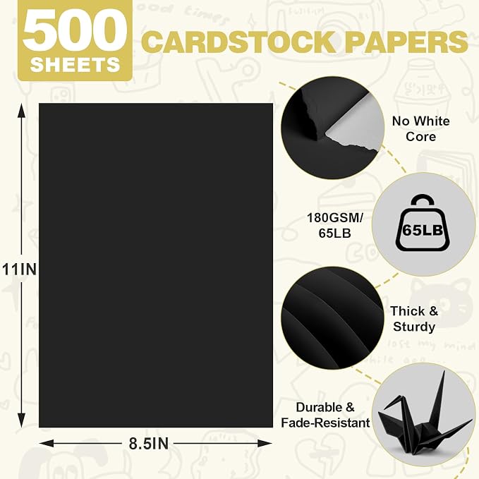 TUXIYA 500 Sheets Black Cardstock Paper,8.5" X 11" Card Stock 180 GSM/65 LB | Cardstock Printer Paper Construction Paper Black Card Stock for Art, Invitations, DIY Cards, Watercolor & Craft Projects