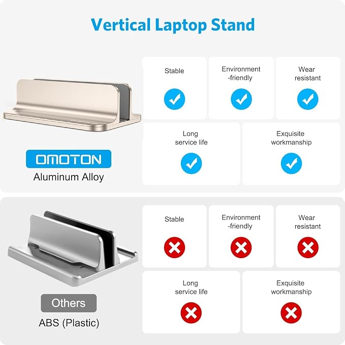 OMOTON Vertical Laptop Stand Holder, Adjustable Dock for MacBook, Starlight | Aluminum Stand for MacBook Stand, Fits Chromebook & Gaming Laptops up to 17.3 in, Office Desk Organization, Space-Saving