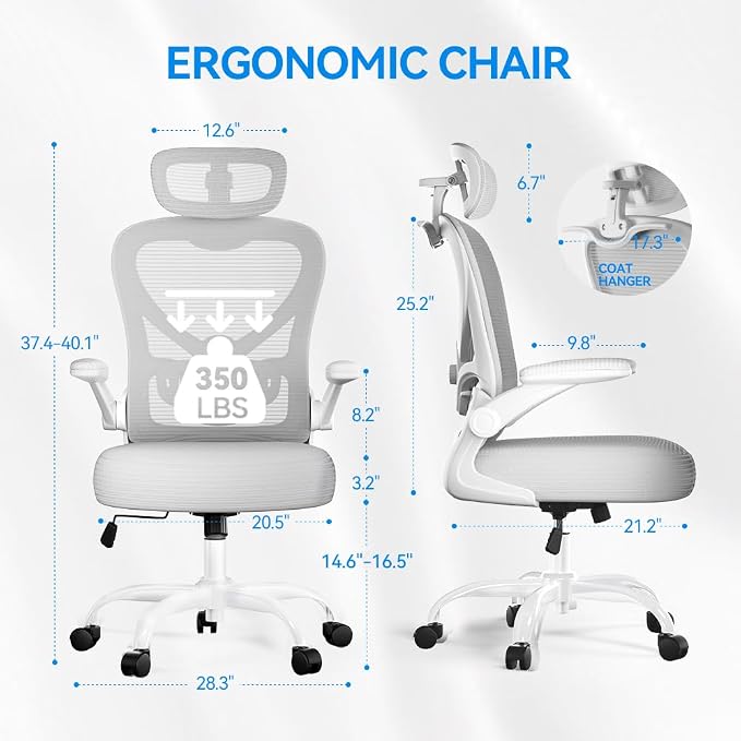 Ergonomic Office Chair, Mesh Home Office Desk Chairs with 3D Headrest | Freepub Computer Gaming Chair whit Adjustable High Back Lumbar Support, Executive Swivel chairs, 350LBS Capacity, Grey