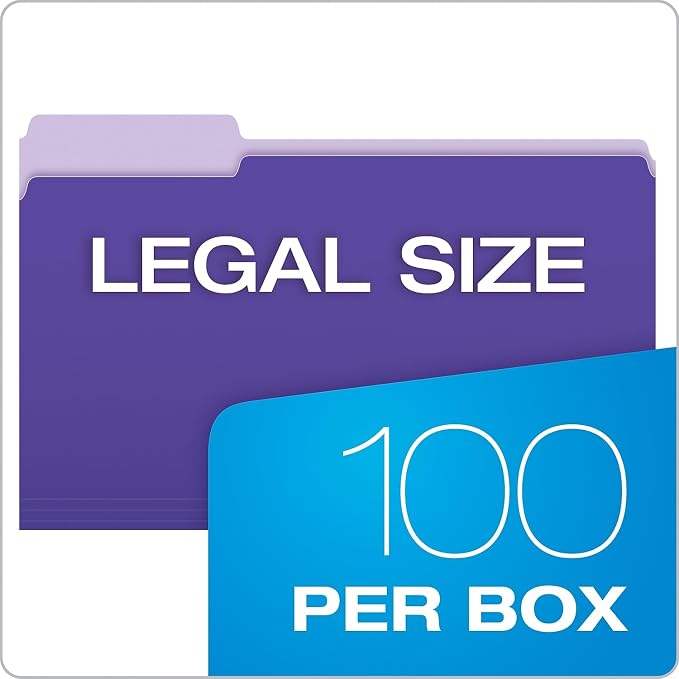 Pendaflex 435013VIO Interior File Folders, 1/3 Cut Top Tab, Legal, Violet (Box of 100)