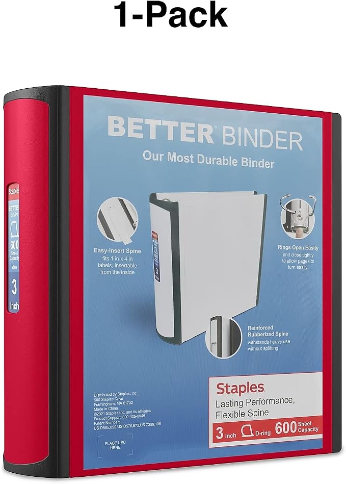 Staples Heavy-Duty 3-Inch D-Ring Binder, Red, Vinyl Cover, 600 Sheets | Large-capacity 3-ring binder for school and office document storage.
