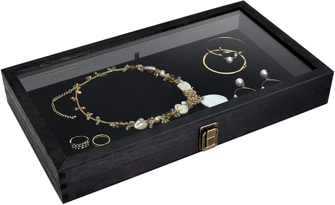 MOOCA Wooden Jewelry Display Case, Pocket Knife Display Case with Tempered Glass Top Lid and Removable Black Luxurious MDF Velvet Jewelry Pad, Black Color