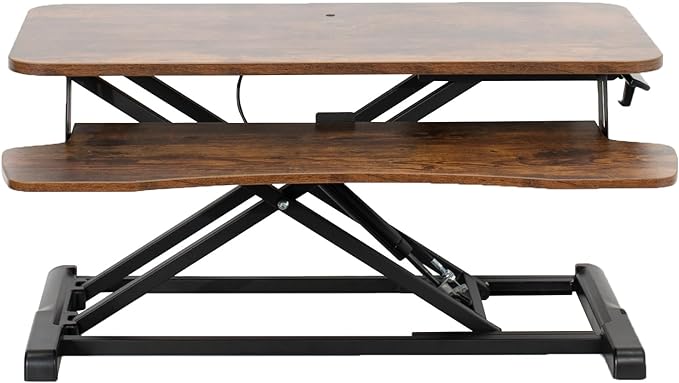 VIVO 32 inch Desk Converter, K Series, Height Adjustable Sit to Stand Riser, Dual Monitor and Laptop Workstation with Wide Keyboard Tray, Vintage Brown Top, Black Frame, DESK-V000KN
