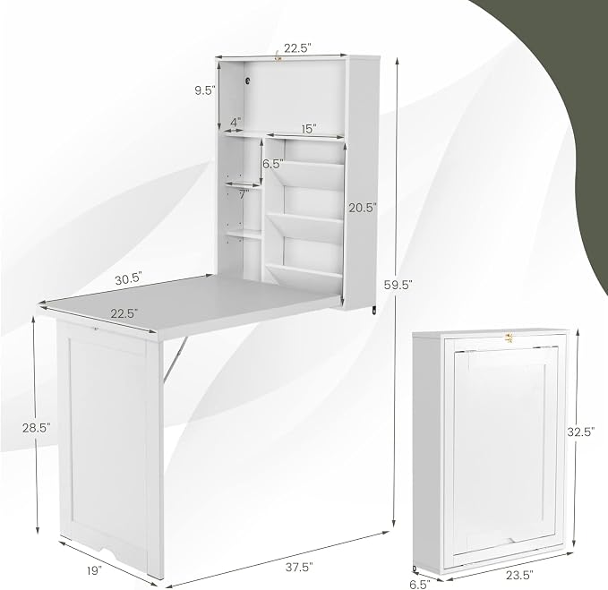 Nightcore Wall Mounted Table w/Classified Storage Space, Foldable Multiple-Purpose Desk, Sturdy Wood Structure, Floating Convertible Desk/Cabinet for Apartment, Narrow Place and Limited Room (White)
