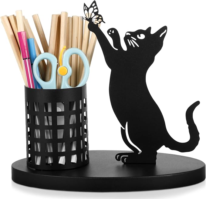 Tandefio Cat Pen Holder for Desk Cute Black Pencil Holder Metal Desk Accessories Organizer Makeup Brush Pen Cups for Back to School Stationery Office Home Decor Table Centerpiece Lover Gifts Women