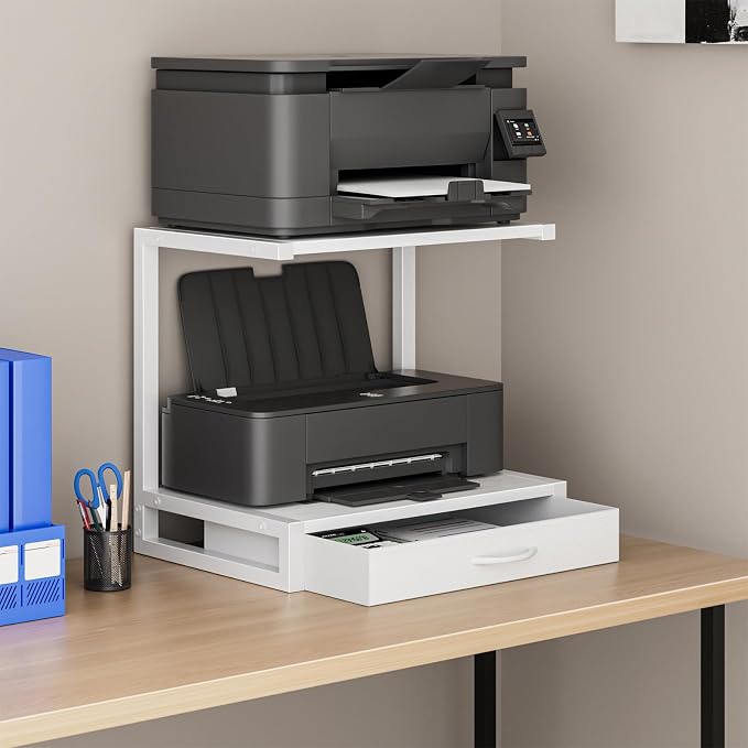YAOHUOO 2-Tier Desktop Printer Stand with Fabric Drawer,17.3"x11.8" White | Printer Table with Storage Shelf,Desk Organizer for Home Office,Fit Printer,Fax Machine,Scanner,Space Saving for Two Monitors