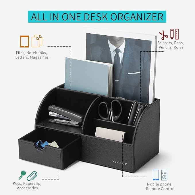 VLANDO Office Desk Organizer Leather Desktop Organizer Caddy with Drawer for Storing Desktop Supplies and Accessories (Black Set) | Black leather desk organizer set combines divided desktop storage and a pull-out drawer for office supplies and accessories