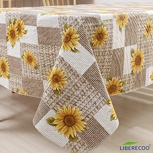 LIBERECOO 60" Round Vinyl Tablecloth Flannel Backing, Sunflower Stain-Resistant Waterproof Plastic Table Cover for Indoor/Outdoor