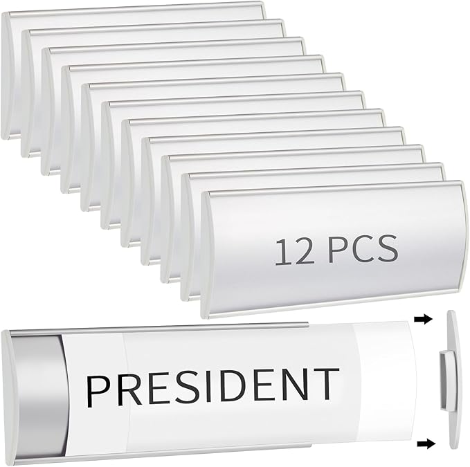 Therwen 12 Pcs Aluminum Office Name Plate Holder for Door Wall Mount 8'' x 3'' Business Sign Holder Office Door Sign Sturdy Curved with Plastic Film and Adhesive Tape (Silver)