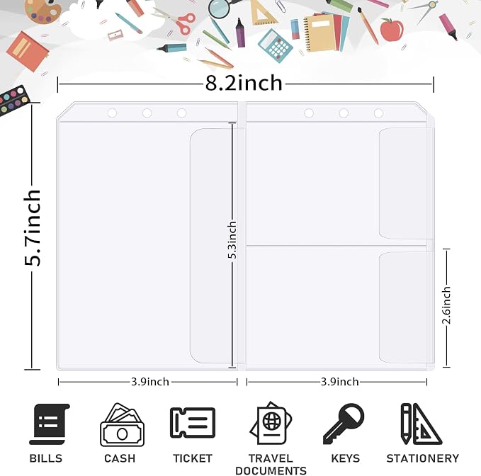 30pcs A5 Binder Pocket no Zipper Budget Planner Inserts Bulk Clear Budget Binder Organizer Cash Envelopes for Budgeting Waterproof PVC Loose Leaf Bags Card Sleeves for 6 Ring Notebook