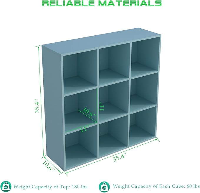 9-Cube Storage Shelf Bookcase, Light Blue | Wooden 3-Tier Open Bookshelf, Fits 11×11" Bins, Vertical or Horizontal Use, Full Back Panels, For Home Office