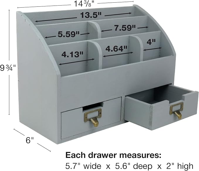 Wood Desk Organizer, 6 Compartments 2 Drawer Supplies Rack - Solid Gray