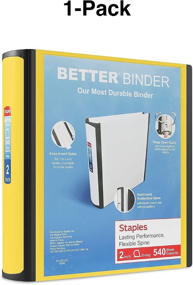 Staples Better Binder, 2 Inch 3-Ring, Yellow, Heavy-Duty | Reinforced binder built for school and office document organization.