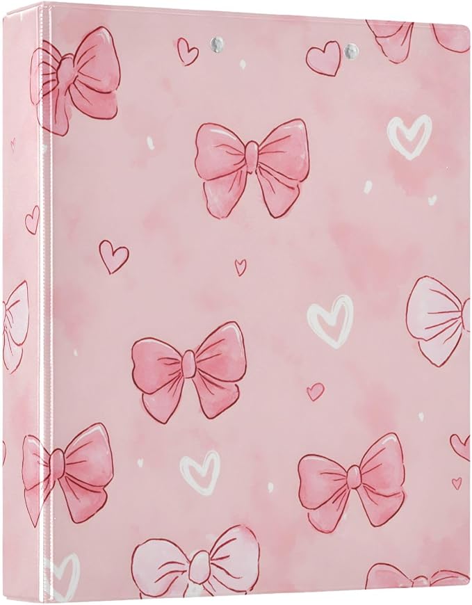 3 Ring Binder White Pink Bow Heart 1.5 inch Binders Three Ring Binders with Clipboard Fit 8.5'' x 11'' Paper 3 Interior PVC Clear Pockets for Office Supplies