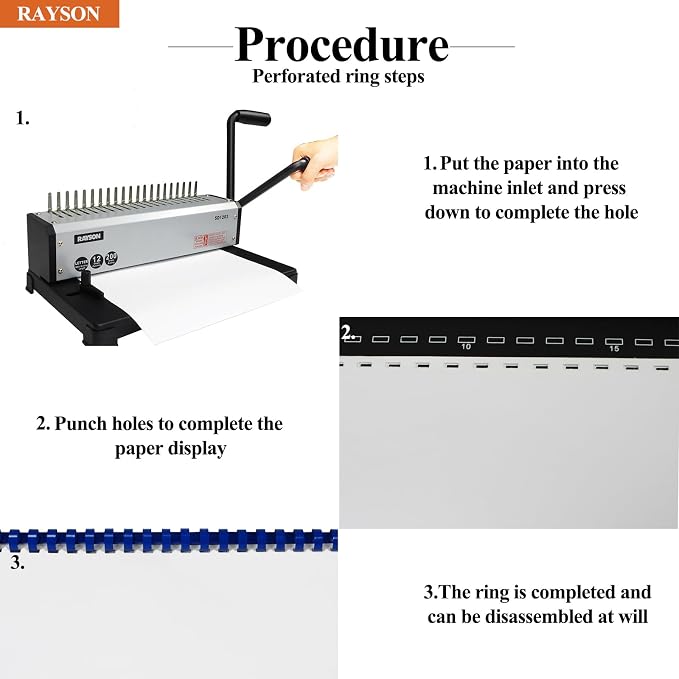 RAYSON SD1202 19-Hole Comb Binder, 10-Sheet Punch, 200-Sheet Capacity | Includes a starter comb set, three punching margins (3, 4.5, and 6 mm), a side guide, and durable metal construction.
