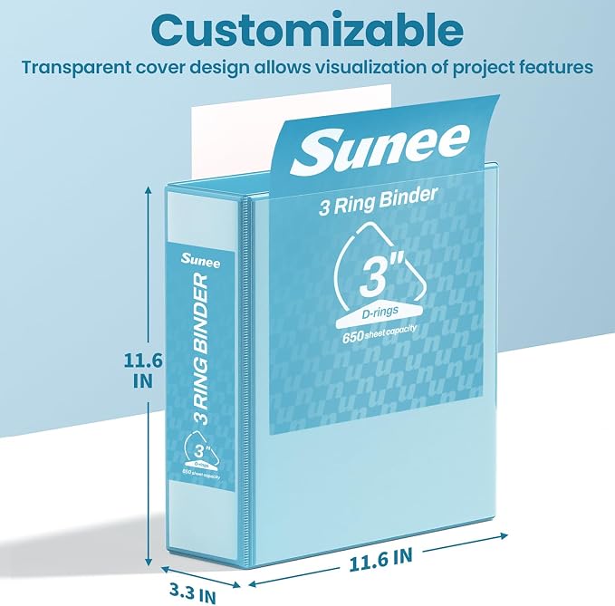SUNEE 3 Ring Binder 3 Inch D Ring, Clear View Large Binder Three Ring PVC-Free (Fit 8.5x11 Inches) for School or Office Supplies, Sky Blue, 1 Pack