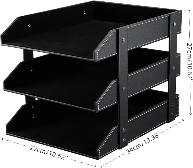 Letter Tray, Leather Paper Organizer Tray, Wooden Desk File Holder, Desktop File, Stackable Magazine Holder, Mail Sorter, Great for Home or Office - 3 Level Black