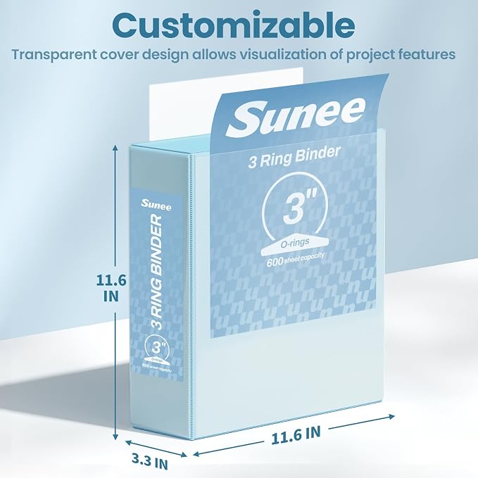 SUNEE 3 Ring Binder 3 Inch 4 Pack, 3" Clear View Binder Three Ring PVC-Free (Fit 8.5x11 Inches) for School or Office Supplies, Blue