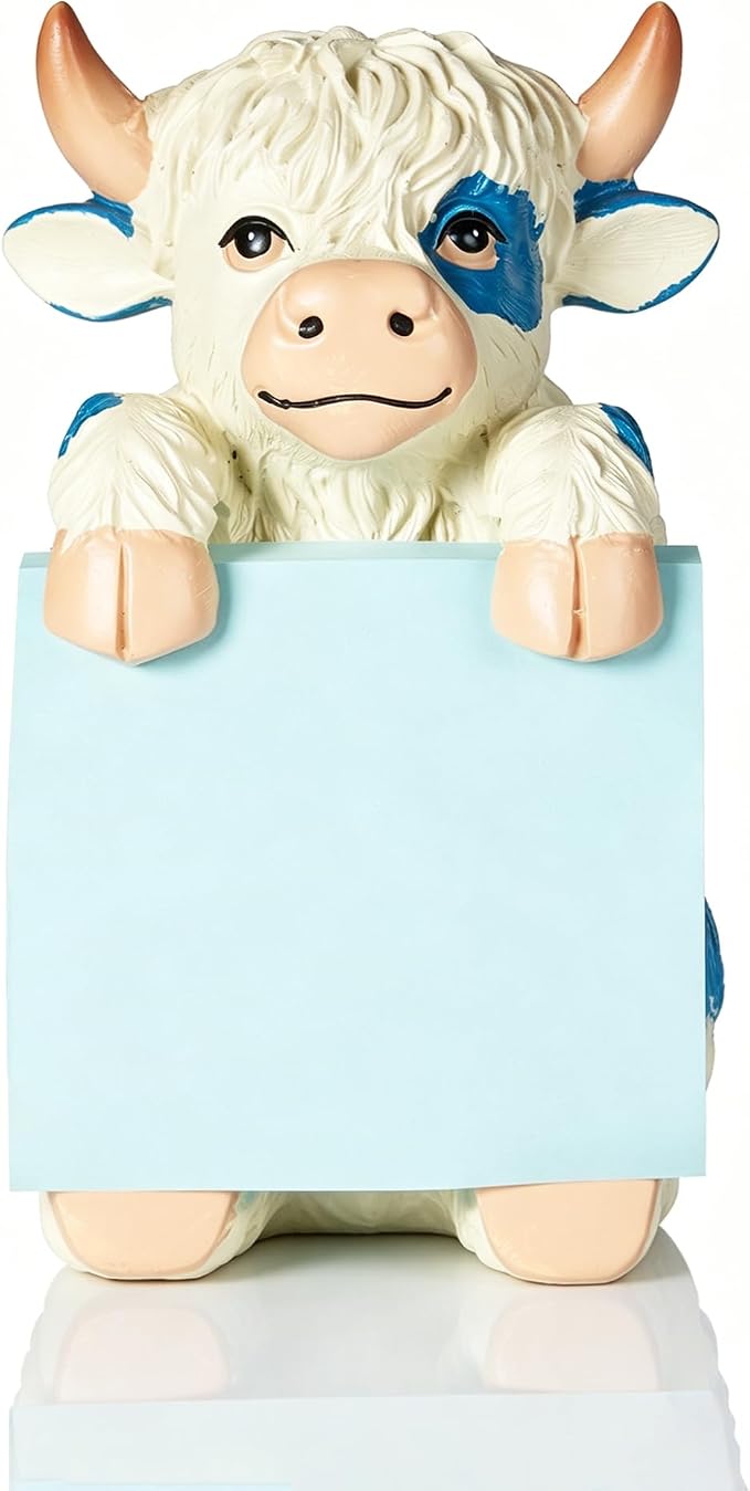 Highland Cow Pop-Up Sticky Note Dispenser for 3 x 3 in Notes, Blue | Includes 100 sheets, handmade resin desk decor for office, home or classroom, gift for teacher, coworkers and cow lovers