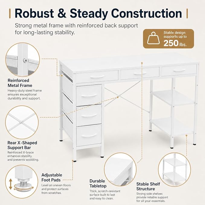 Simple Deluxe Computer Desk with 6 Drawers, 47 Inch Office Workstation with Storage Shelves, Reversible Corner Gaming Table, Home Office Study Desk with Fabric Organizer, White