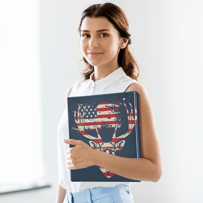 3 Ring Binder, Deer American Flag Print File Folder Holds 200 Sheets File Storage for Women Men School Office Supplie