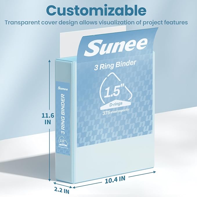 SUNEE 3 Ring Binder 1.5 Inch D Ring, Clear View Binder Three Ring PVC-Free (Fit 8.5x11 Inches) for School or Office Supplies, Pastel Blue, 1 Pack