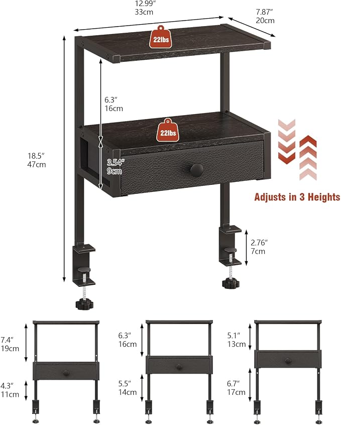 VENNQD Clamp On Desk Shelf, 2-Tier Desktop Organizer, Wood Desktop Supplies Tabletop Book Storage Rack with Adjustable Shelves for Table Working and Gaming Accessories, Black