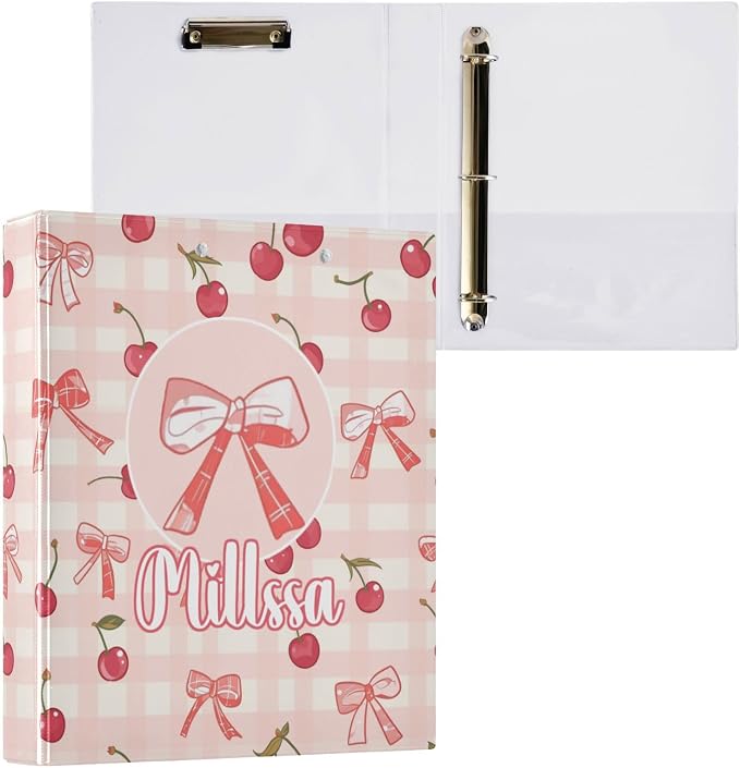 Cherry Bow 3 Ring Binder with Clipboard Round Ring Binders Check Pink Personalized Binder 3 Interior Clear Pockets for Office Supplies 2 Pack